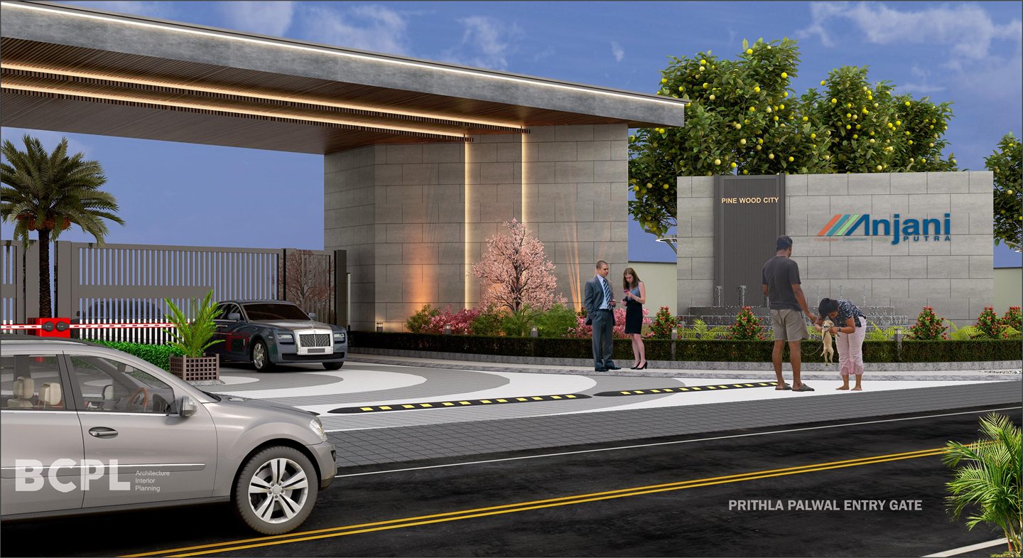 Architectural render showing the Pinewood City entrance and landscaping